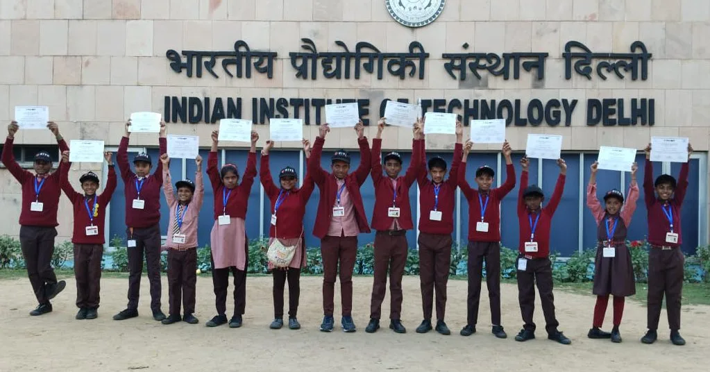 Sambhal government school kids at IIT Delhi with their certificates for outstanding performance in Tryst, IIT Delhi's national robotics competition